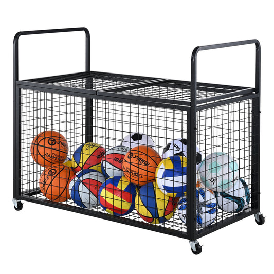 Rolling Sports Ball förvaringsvagn, låsbar basketbur med dubbla lock, sportutrustningshållare för inomhus utomhus, förvaringsställ i stål för garage, lekgrupp, gym och skolor