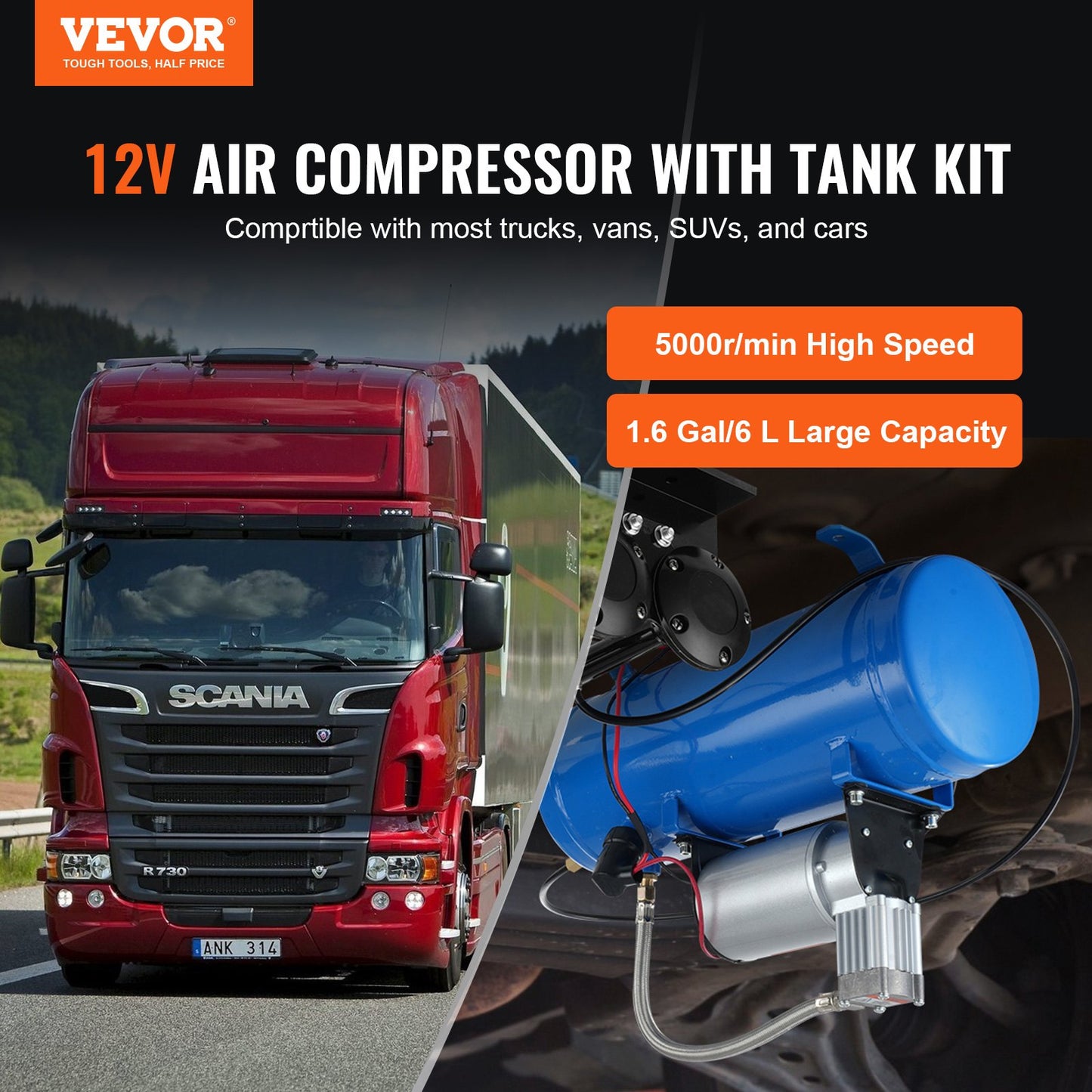 12V luftkompressor med tank 1,6 gallon/6 l, tåghornsluftkompressor, 120 psi arbetstryck ombord luftkompressorsystem för tåglufthorn, pumpning av däck, luftmadrasser