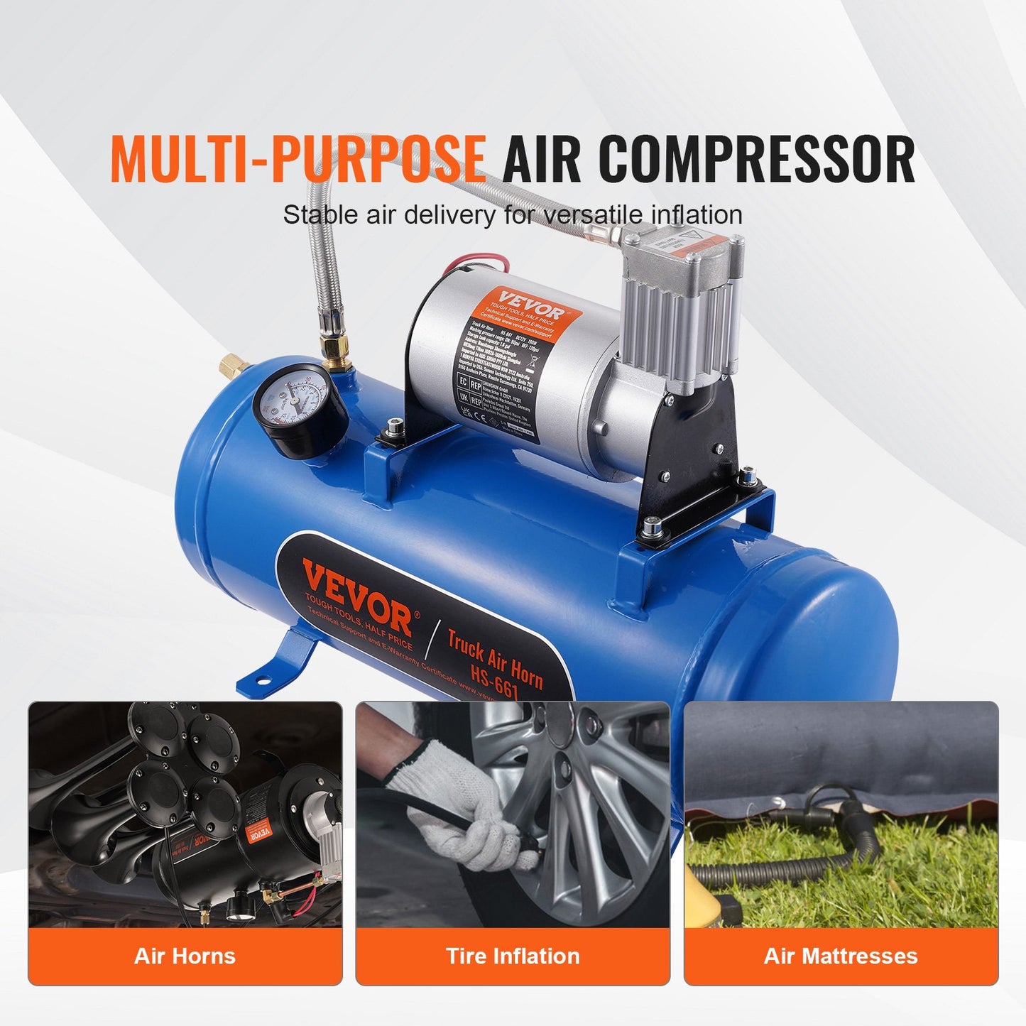 12V luftkompressor med tank 1,6 gallon/6 l, tåghornsluftkompressor, 120 psi arbetstryck ombord luftkompressorsystem för tåglufthorn, pumpning av däck, luftmadrasser