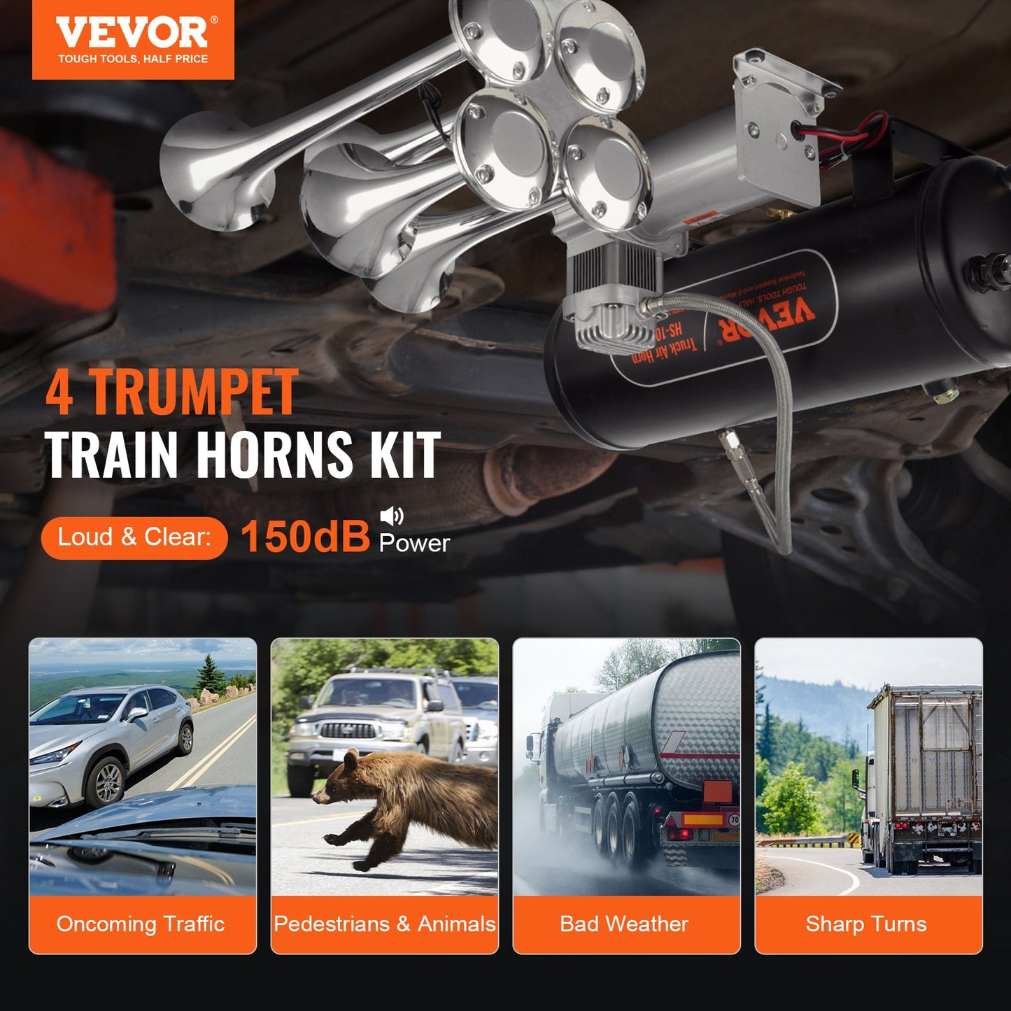 Train Horns Kit 4 Trumpet Air Horn Kit 160 psi Air Compressor 2.6 Gal Tank