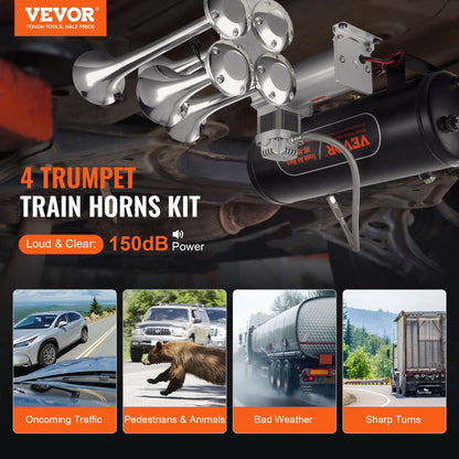 Train Horns Kit 4 Trumpet Air Horn Kit 160 psi Air Compressor 2.6 Gal Tank