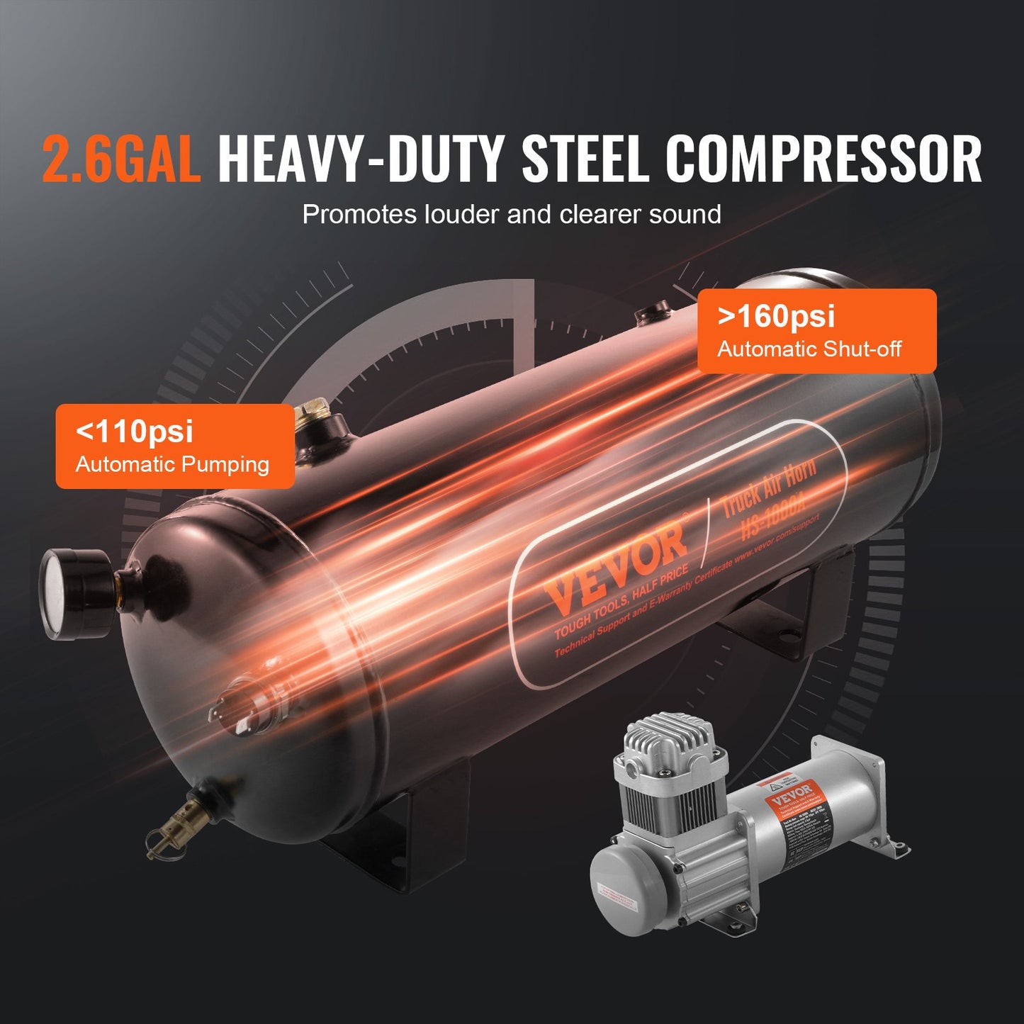 Train Horns Kit 4 Trumpet Air Horn Kit 160 psi Air Compressor 2.6 Gal Tank