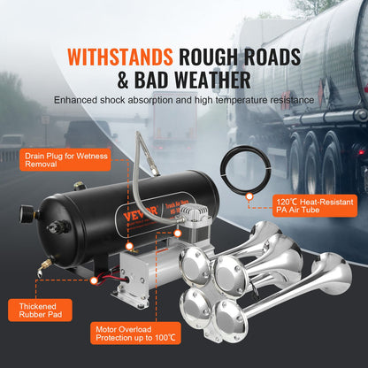 Train Horns Kit 4 Trumpet Air Horn Kit 160 psi Air Compressor 2.6 Gal Tank
