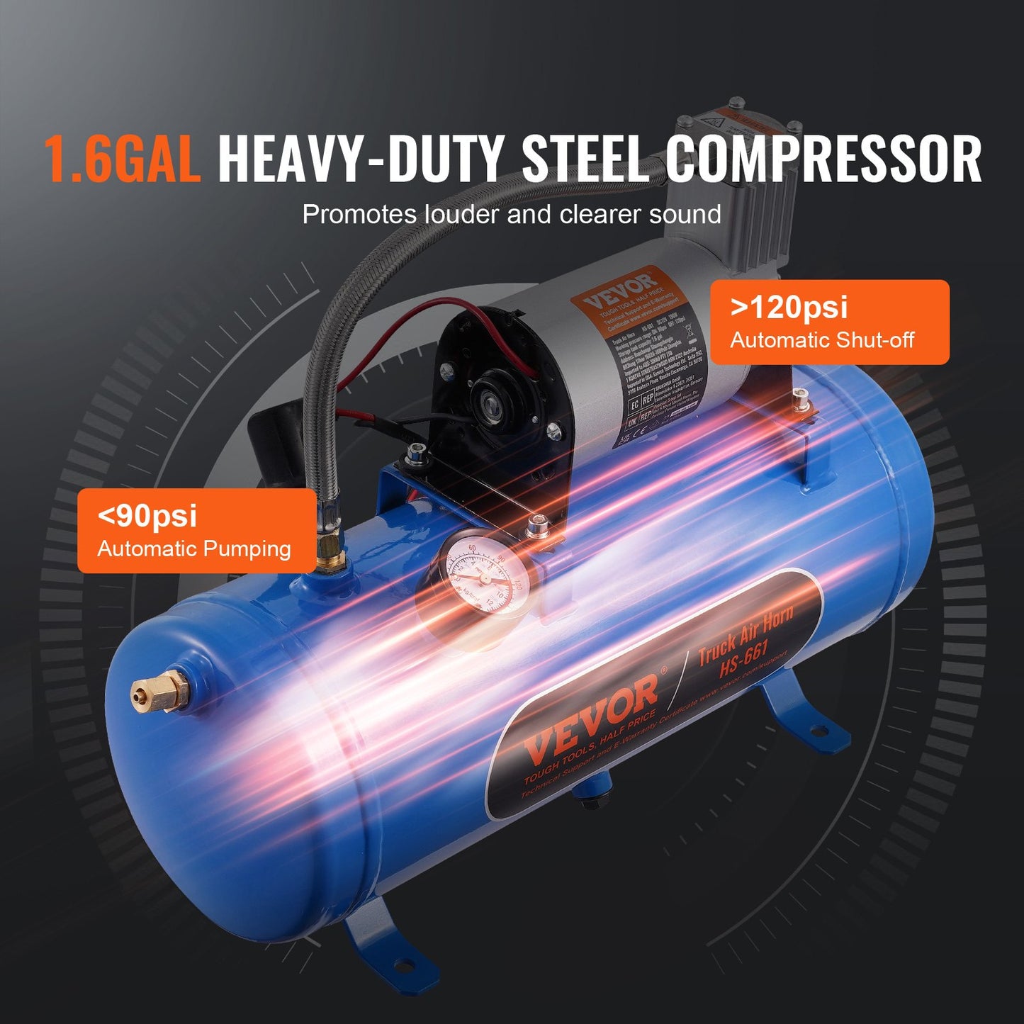 Tåghornssats, 4 trumpeter lufthornssats, 150dB tåghorn för pickuptruckar, 12V 120 psi luftkompressor 1,6 Gal/6 L tank med mätare för valfri 12V fordonsbil Lastbilståg Skåpbilsbåt