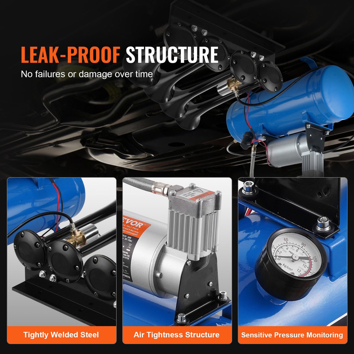 Tåghornssats, 4 trumpeter lufthornssats, 150dB tåghorn för pickuptruckar, 12V 120 psi luftkompressor 1,6 Gal/6 L tank med mätare för valfri 12V fordonsbil Lastbilståg Skåpbilsbåt