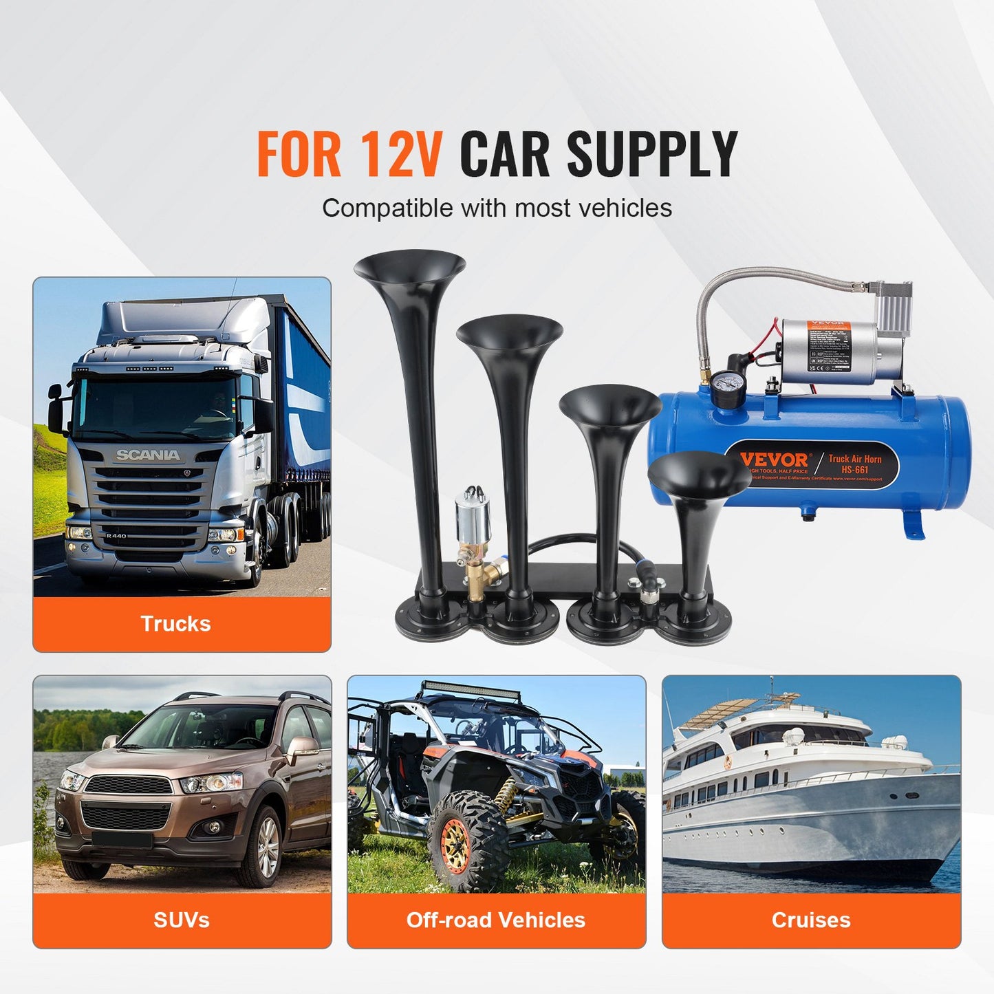 Tåghornssats, 4 trumpeter lufthornssats, 150dB tåghorn för pickuptruckar, 12V 120 psi luftkompressor 1,6 Gal/6 L tank med mätare för valfri 12V fordonsbil Lastbilståg Skåpbilsbåt
