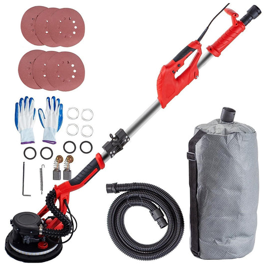 Plaster sander 750W, electric plaster sander, foldable sheet metal sander, with telescopic handle, electric sander, variable speed 800-1750 rpm, wall sander, with LED sanding light and vacuum bag