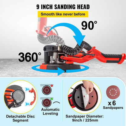 Drywall Sander 750W Electric Drywall Sander Foldable Sheetrock Sander with Telescopic Handle Electric Sander Variable Speed 800-1750RPM Wall Sander with LED Lights and Vacuum Bag, 6 Sanding Pads