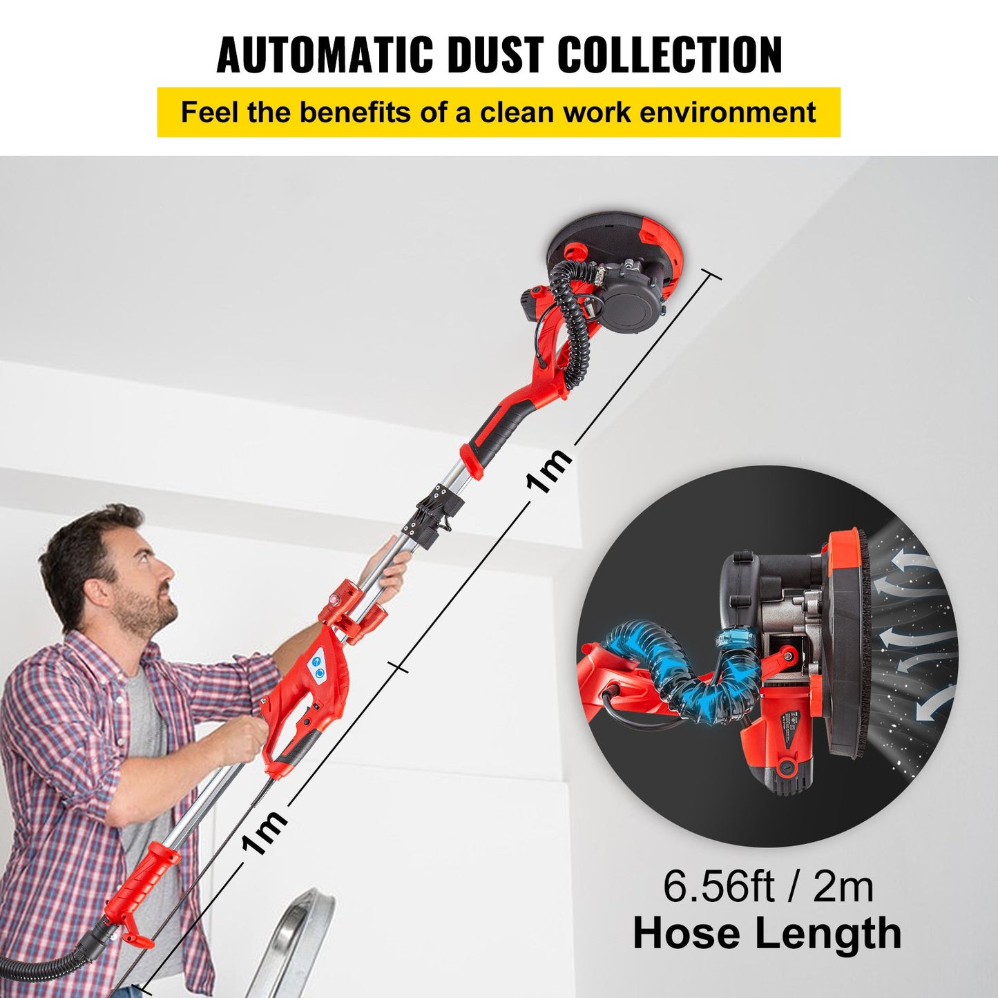 Drywall Sander 750W Electric Drywall Sander Foldable Sheetrock Sander with Telescopic Handle Electric Sander Variable Speed 800-1750RPM Wall Sander with LED Lights and Vacuum Bag, 6 Sanding Pads
