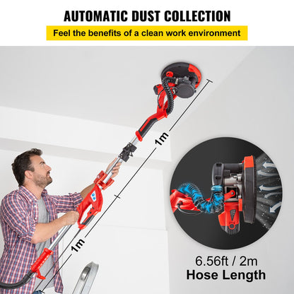 Drywall Sander 750W Electric Drywall Sander Foldable Sheetrock Sander with Telescopic Handle Electric Sander Variable Speed 800-1750RPM Wall Sander with LED Lights and Vacuum Bag, 6 Sanding Pads