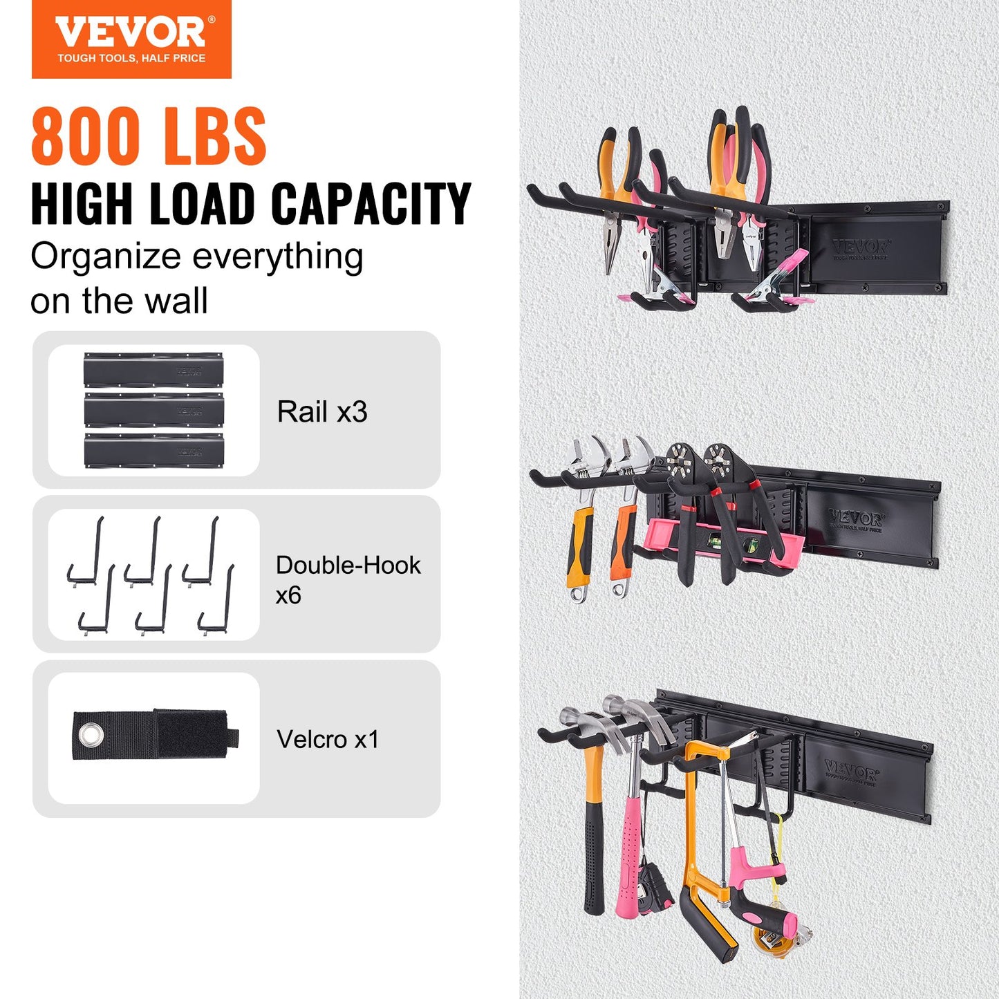 Garage Tool Organizer, 800 lbs Max lastkapacitet, Väggmonterad Yard Trädgårdsförvaringsställ Organisation Heavy Duty med 6 justerbara krokar och 3 skenor, för trädgårdsredskap, spadar, trimmers och slangar