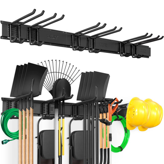 Garage Tool Organizer, 800 lbs Max lastkapacitet, Väggmonterad Yard Trädgårdsförvaringsställ Organisation Heavy Duty med 6 justerbara krokar och 3 skenor, för trädgårdsredskap, spadar, trimmers och slangar