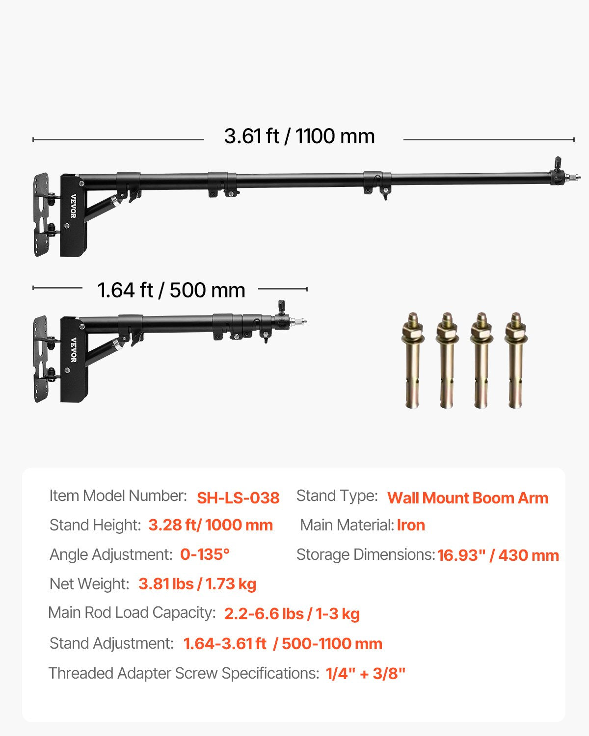 Väggmonterad Triangel Bom Arm Light Stand 39.37in/100cm Ring Light Support