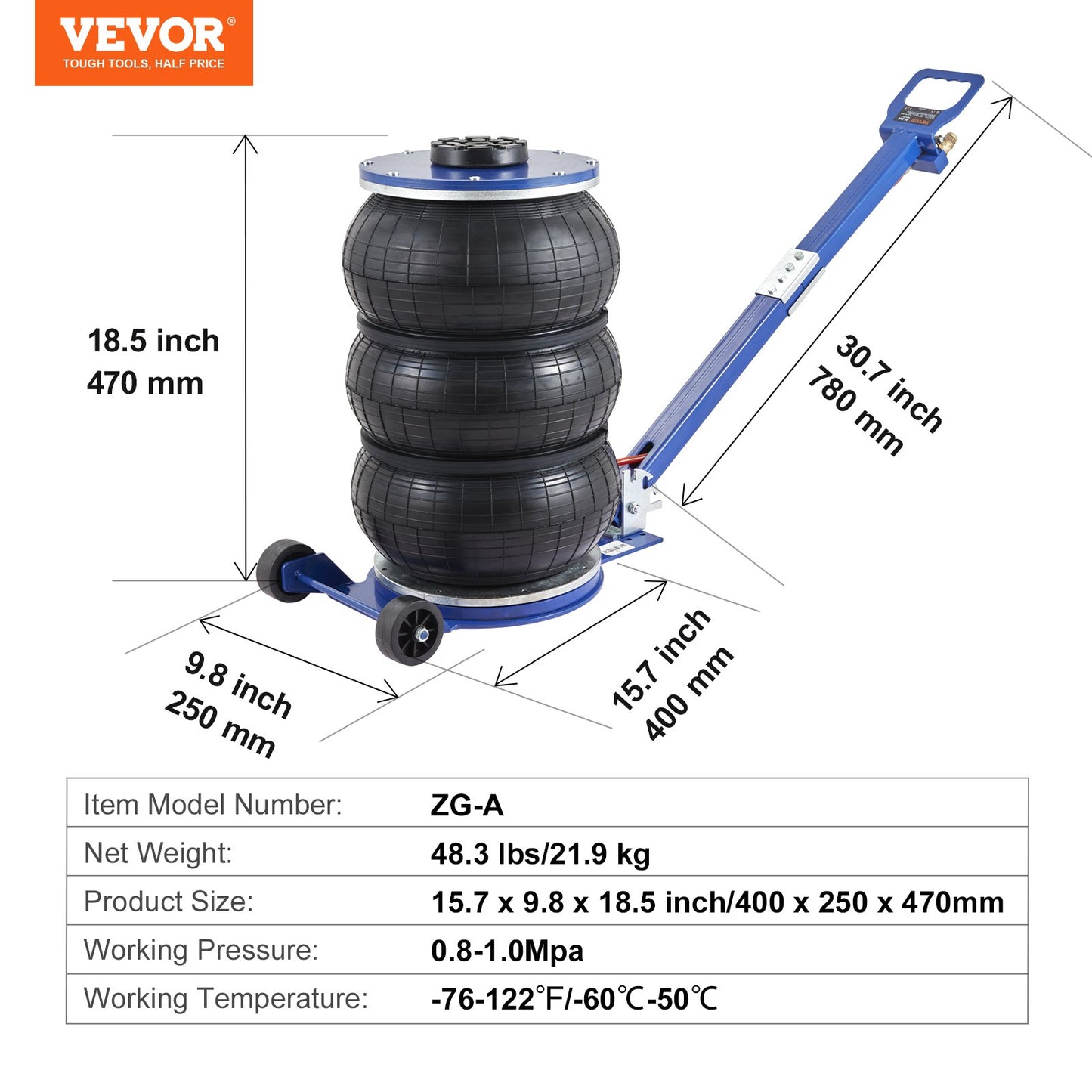Air Jack, 5 Ton/11000 lbs Triple Bag Air Jack, Airbag Jack with Six Steel Tubes, Lifts Up to 18.5 Inch/470 mm, 3-5 s Quick Lifting Pneumatic Jack, with Adjustable Handle for Car, Garage, Repair
