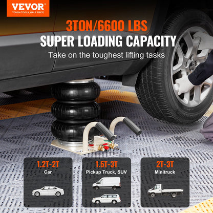 Air Jack, 3 Ton/6600 lbs Triple Bag Air Jack, Airbag Jack med sex stålrör, lyft upp till 17,7 tum/450 mm, 3-5 s snabblyftande pneumatisk domkraft, med sidohandtag för bil, garage, reparation (vit )