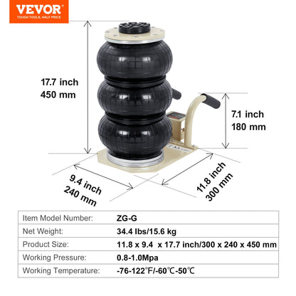 Air Jack, 3 Ton/6600 lbs Triple Bag Air Jack, Airbag Jack med sex stålrör, lyft upp till 17,7 tum/450 mm, 3-5 s snabblyftande pneumatisk domkraft, med sidohandtag för bil, garage, reparation (vit )