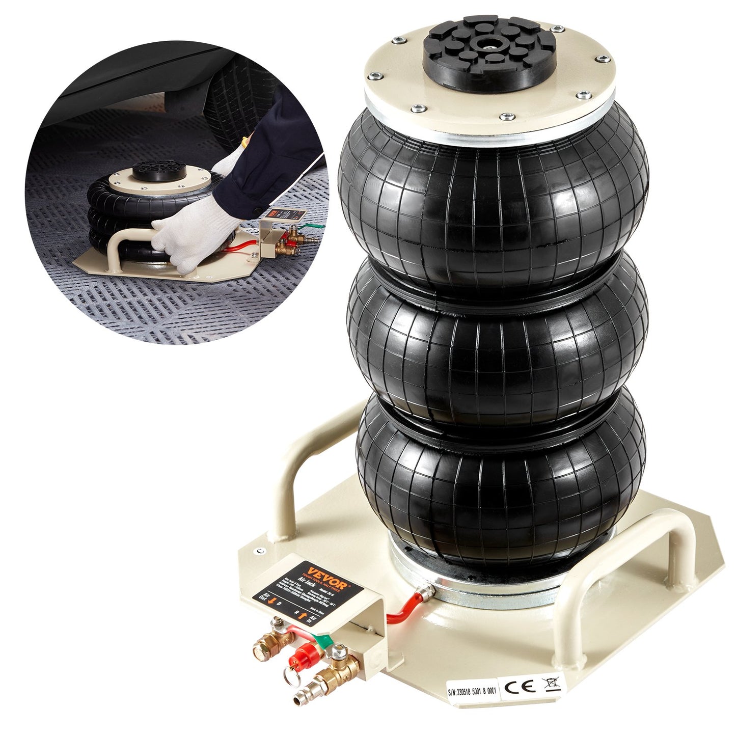 Air Jack, 3 Ton/6600 lbs Triple Bag Air Jack, Air Bag Jack Lift up to 450 mm, 3-5S Quick Lifting Pneumatic Jack, with Side Handle for Cars, Garage, Repair (Beige)