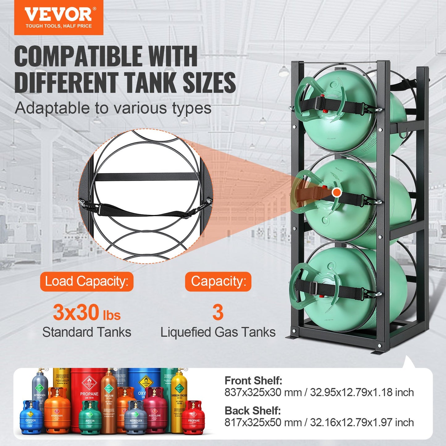 Köldmedietankställ, med 3 x 30lbs flasktankar, Cylindertankställ 12,79x12,99x33,07 tum, Kylmedelscylinderställ Gascylinderställ och hållare för freon, gaser, syre, kväve