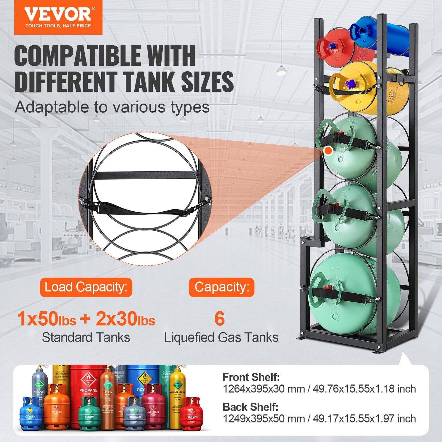 Kylmedelstankställ, med 1 x 50 lb, 2 x 30 lb och andra 3 små flasktankar, cylindertankställ 15,55x12,99x49,8 tum, kylmedelscylinderställ och hållare för freon, gaser, syre, kväve