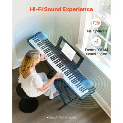 Viktat Digitalpiano, 88 Tangenter Fullt Viktat, Elpiano Dubbelt Keyboard & Högtalare med X-Stativ, Sustainpedal, Inspelningsfunktion, 280 Toner, Trådlös Anslutning, För Nybörjare, Svart |  EU
