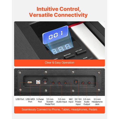 Viktat Digitalpiano, 88 Tangenter Fullt Viktat, Elpiano Dubbelt Keyboard & Högtalare, Med Sustainpedal, Inspelningsfunktion, 238 Toner, Trådlös Anslutning, För Nybörjare, Utan Stativ |  EU