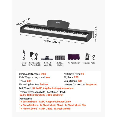 Viktat Digitalpiano, 88 Tangenter Fullt Viktat, Elpiano Dubbelt Keyboard & Högtalare, Med Sustainpedal, Inspelningsfunktion, 238 Toner, Trådlös Anslutning, För Nybörjare, Utan Stativ |  EU