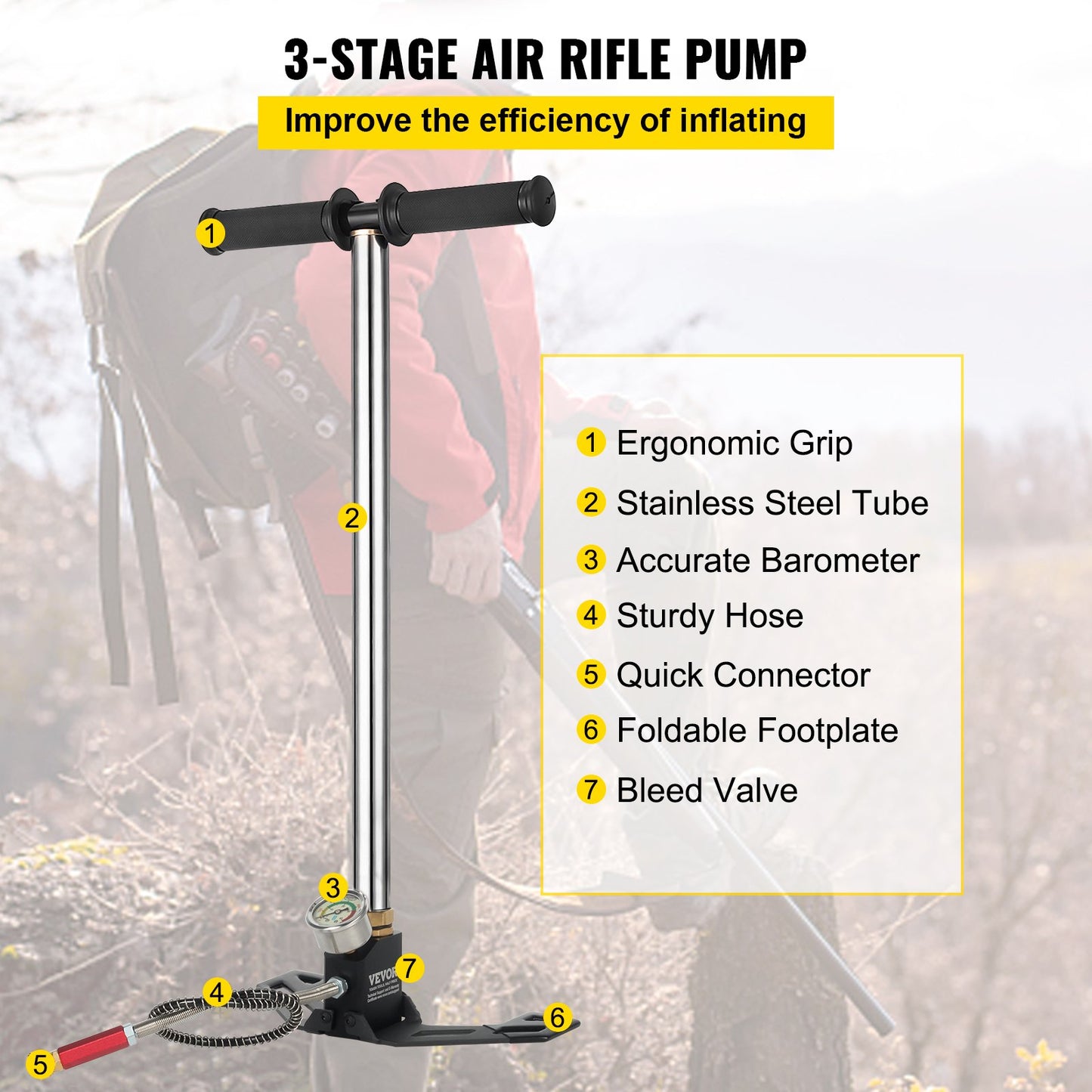 4500 PSI Air Gas Filling Pump 3-Stage PCP Charging Clamp Pump Air Pump PCP High Pressure High Output for Air Drive Cylinder and PCP Cylinder, for Outdoor Sports and Hunting