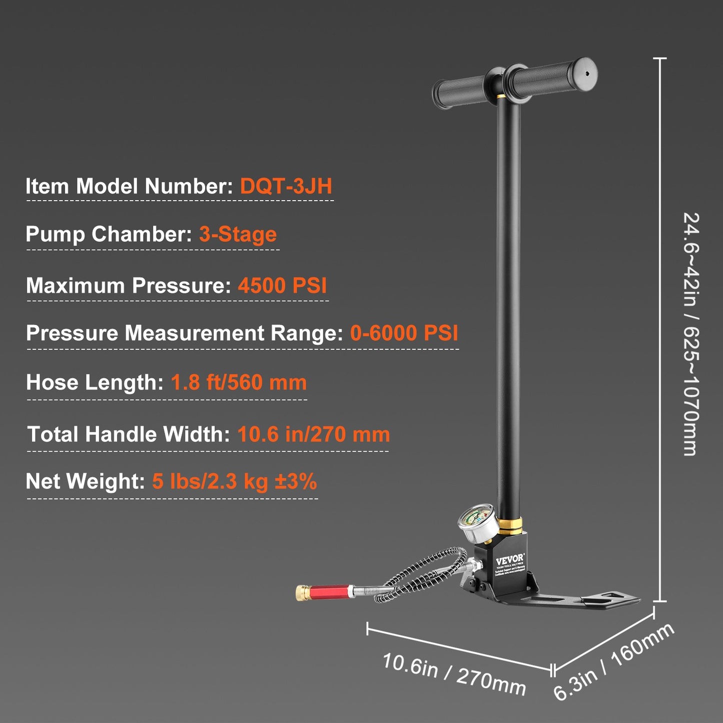 3-stage hand stirrup pump with high quality 301 stainless steel, stirrup pump 4500 psi (0-30 MPa), PCP air gun rifle, pcp pump with pressure measurement range: 0-5800 psi (0-40 MPa)