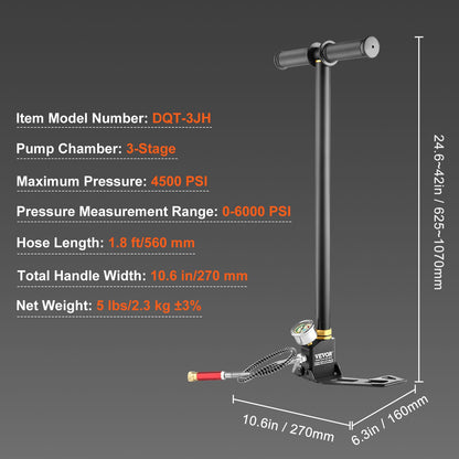 3-stage hand stirrup pump with high quality 301 stainless steel, stirrup pump 4500 psi (0-30 MPa), PCP air gun rifle, pcp pump with pressure measurement range: 0-5800 psi (0-40 MPa)
