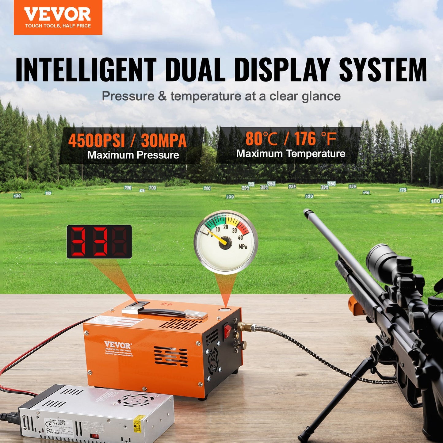 PCP luftkompressor 4500PSI Extern omvandlare DC12V / AC230V Manuellt stopp