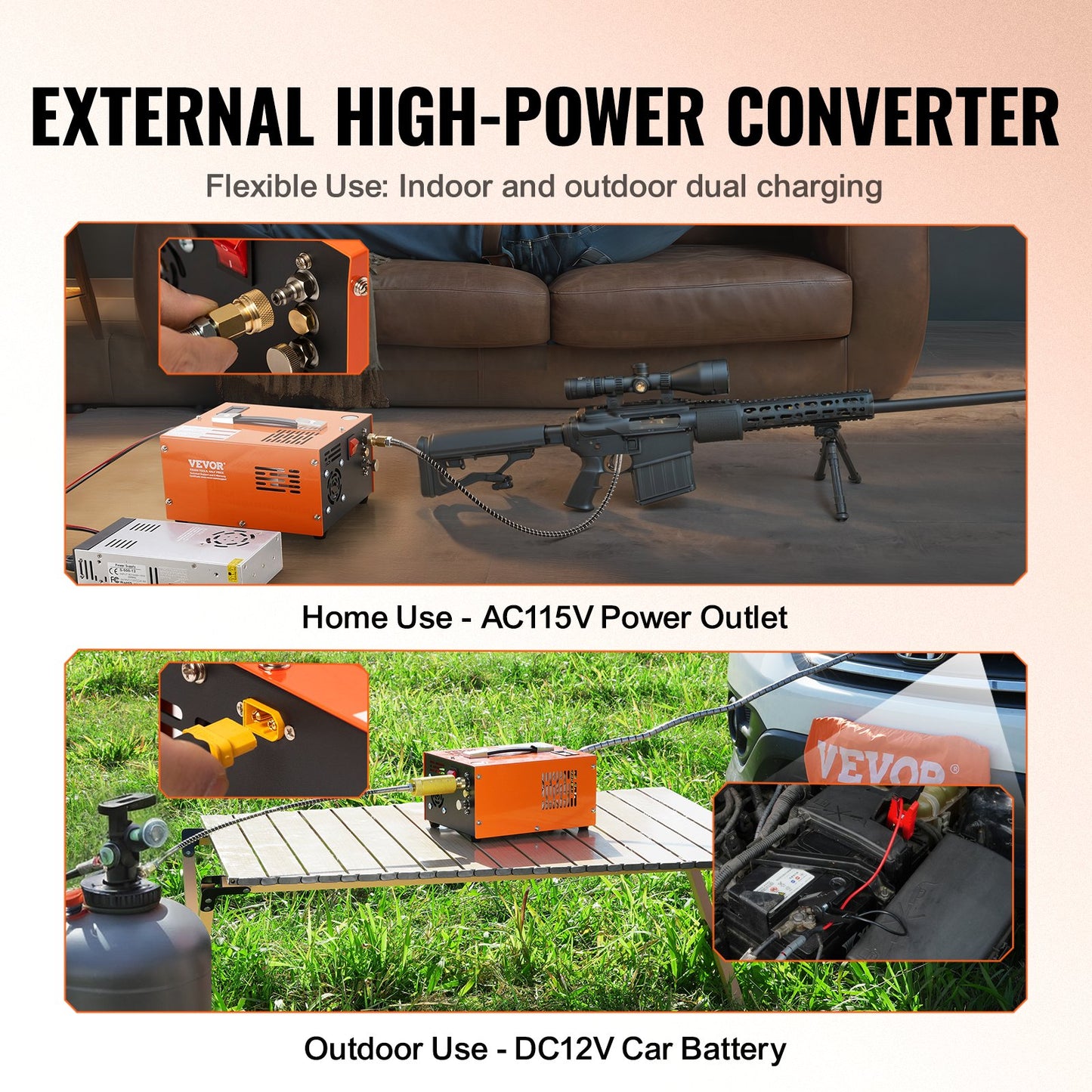 PCP luftkompressor 4500PSI Extern omvandlare DC12V / AC230V Manuellt stopp