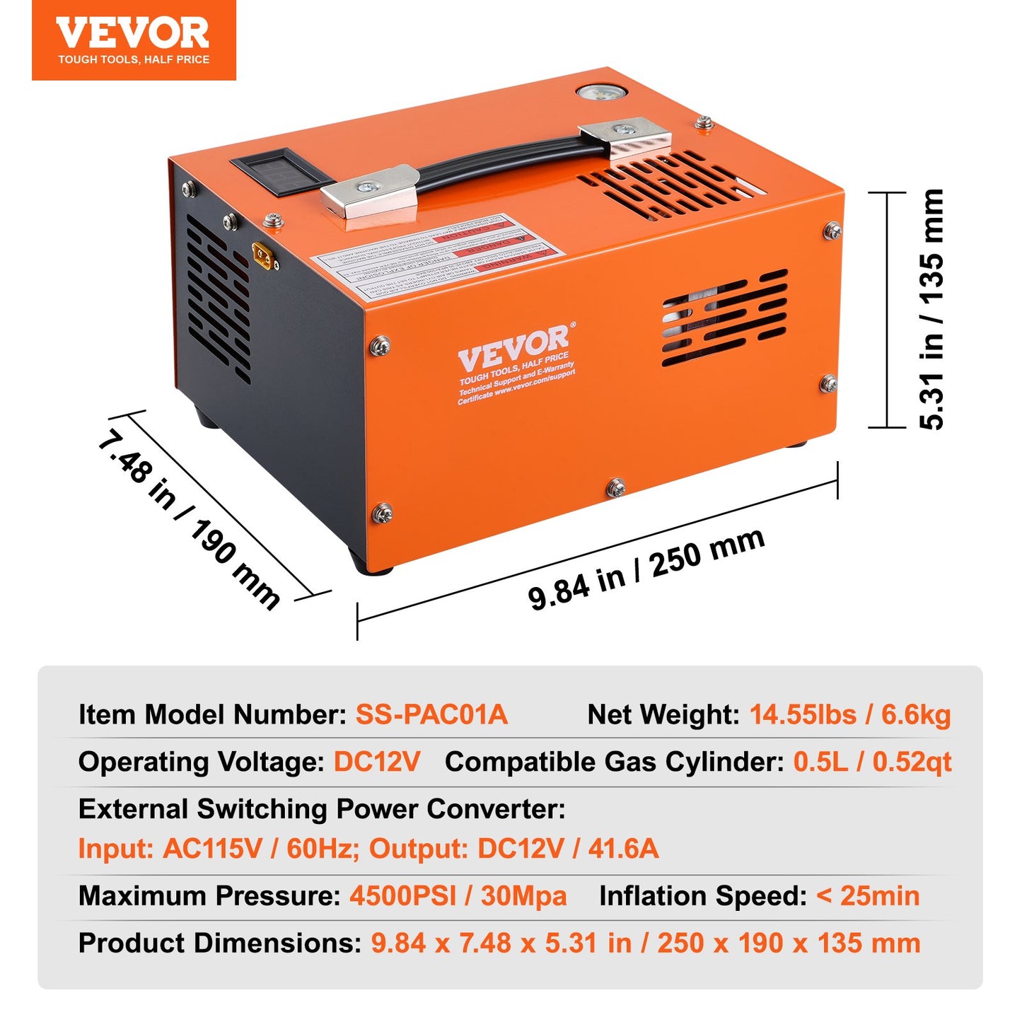 PCP luftkompressor 4500PSI Extern omvandlare DC12V / AC230V Manuellt stopp