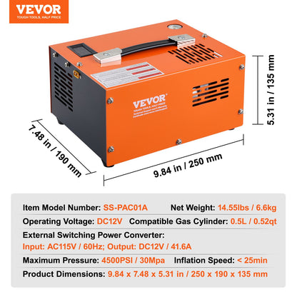 PCP luftkompressor 4500PSI Extern omvandlare DC12V / AC230V Manuellt stopp