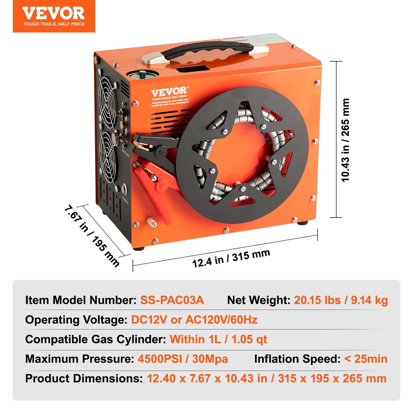 PCP-luftkompressor, 4500PSI/30Mpa Bärbar PCP-kompressor med inbyggd strömomvandlare, Auto-Stop | DC12V/AC230V | Olje- och vattenfri kompressorpump