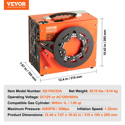 PCP-luftkompressor, 4500PSI/30Mpa Bärbar PCP-kompressor med inbyggd strömomvandlare, Auto-Stop | DC12V/AC230V | Olje- och vattenfri kompressorpump