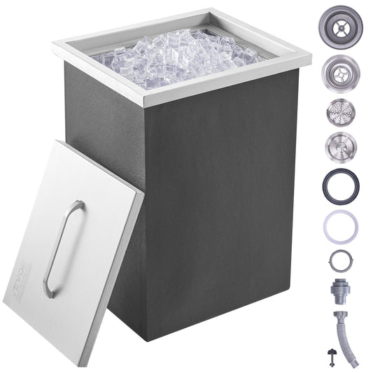 Drop in Ice Chest, 14"L x 12"B x 18"H iskylare i rostfritt stål, kommersiell isbehållare med lock, 40 qt utomhuskök Ice Bar, avloppsrör och avloppsplugg ingår, för kall vinöl