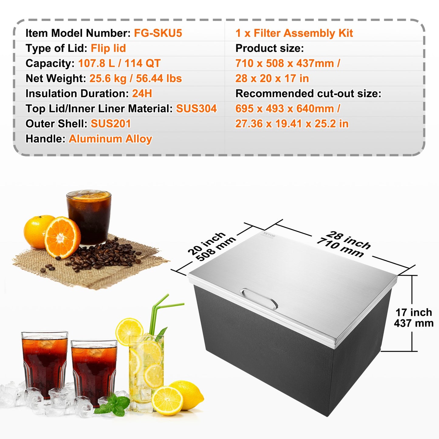 28"x20"x17" Drop in Ice Chest Ice Cooler Ice Bin Stainless Steel with Lid