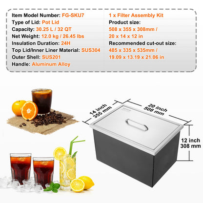 Einbau-Eisbox, 50,8 cm L x 35,6 cm B x 30,5 cm H, Edelstahl-Eiskühler, gewerblicher Eisbehälter mit Deckel, 40 qt Eisbar für die Outdoor-Küche, Abflussrohr und Ablassschraube im Lieferumfang enthalten, für kaltes Weinbier