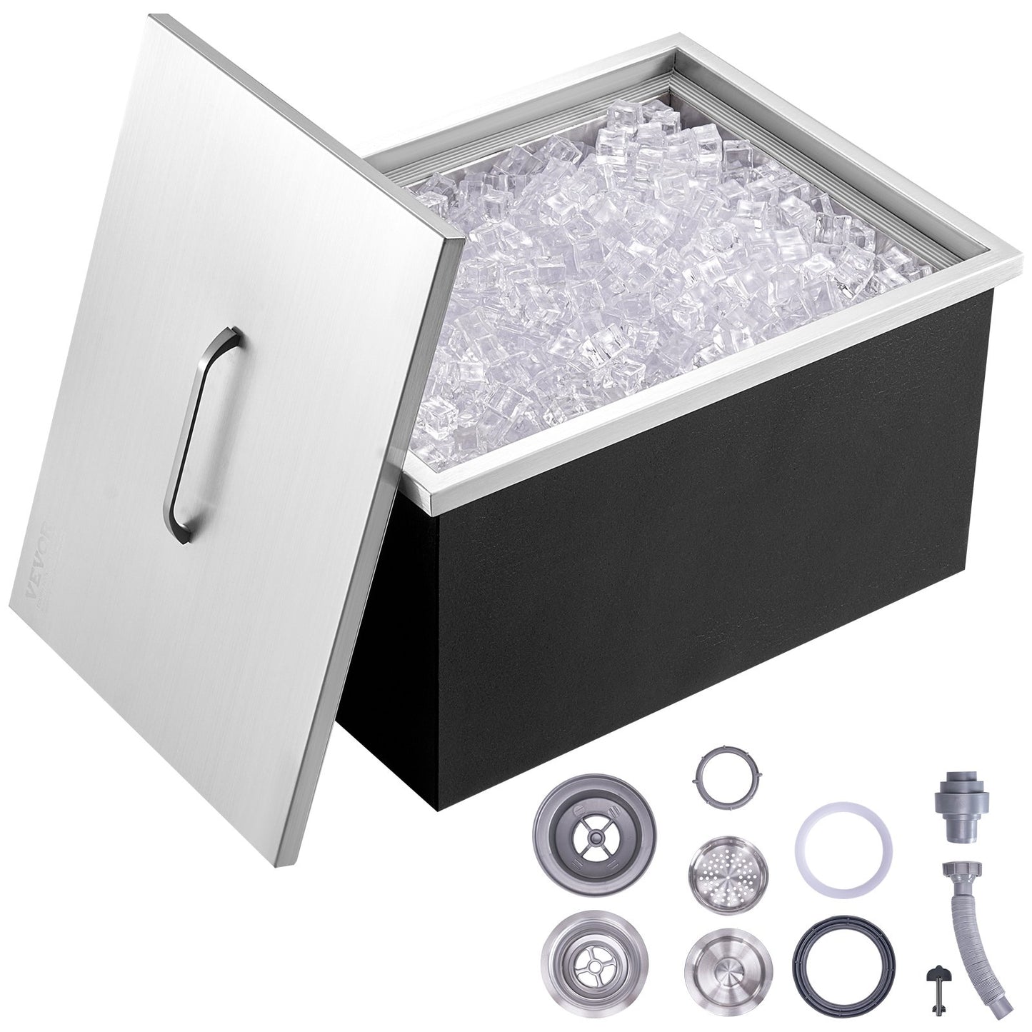 Einbau-Eisbox, 50,8 cm L x 35,6 cm B x 30,5 cm H, Edelstahl-Eiskühler, gewerblicher Eisbehälter mit Deckel, 40 qt Eisbar für die Outdoor-Küche, Abflussrohr und Ablassschraube im Lieferumfang enthalten, für kaltes Weinbier