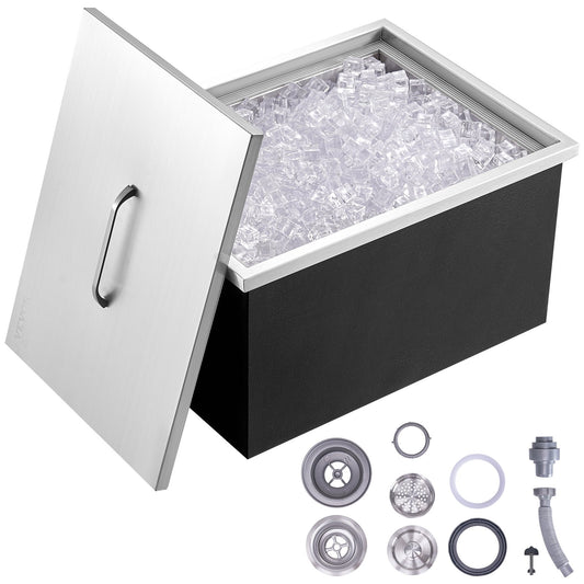 Drop in Ice Chest, 20"L x 14"B x 12"H iskylare i rostfritt stål, kommersiell isbehållare med lock, 40 qt utomhuskök Ice Bar, avloppsrör och avloppsplugg ingår, för kall vinöl
