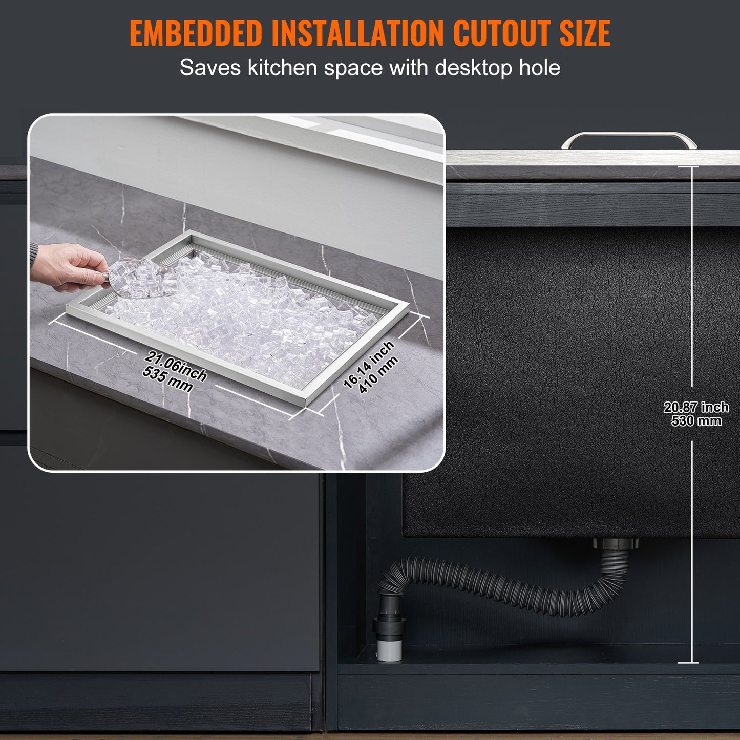 Einbau-Eisbox, 55,9 cm L x 43,2 cm B x 30,5 cm H, Edelstahl-Eiskühler, gewerblicher Eisbehälter mit Deckel, 40 qt Eisbar für die Outdoor-Küche, Abflussrohr und Ablassschraube im Lieferumfang enthalten, für kaltes Weinbier