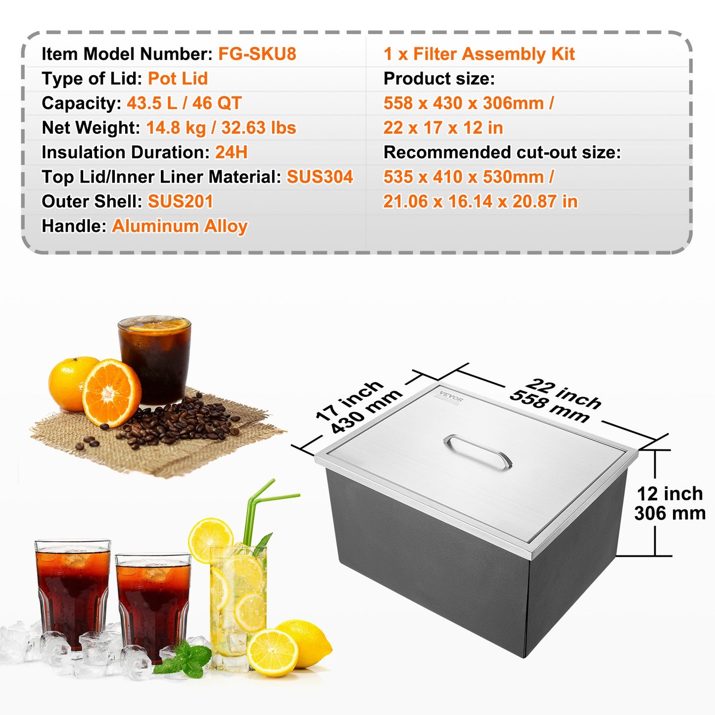 Einbau-Eisbox, 55,9 cm L x 43,2 cm B x 30,5 cm H, Edelstahl-Eiskühler, gewerblicher Eisbehälter mit Deckel, 40 qt Eisbar für die Outdoor-Küche, Abflussrohr und Ablassschraube im Lieferumfang enthalten, für kaltes Weinbier