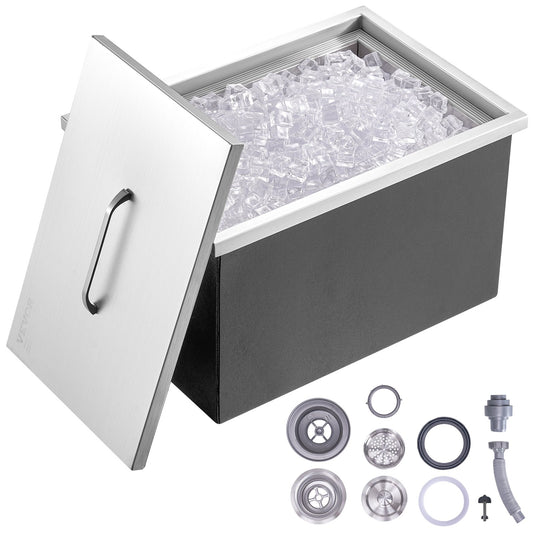 Drop in Ice Chest, 22"L x 17"B x 12"H iskylare i rostfritt stål, kommersiell isbehållare med lock, 40 qt utomhuskök Ice Bar, avloppsrör och avloppsplugg ingår, för kall vinöl