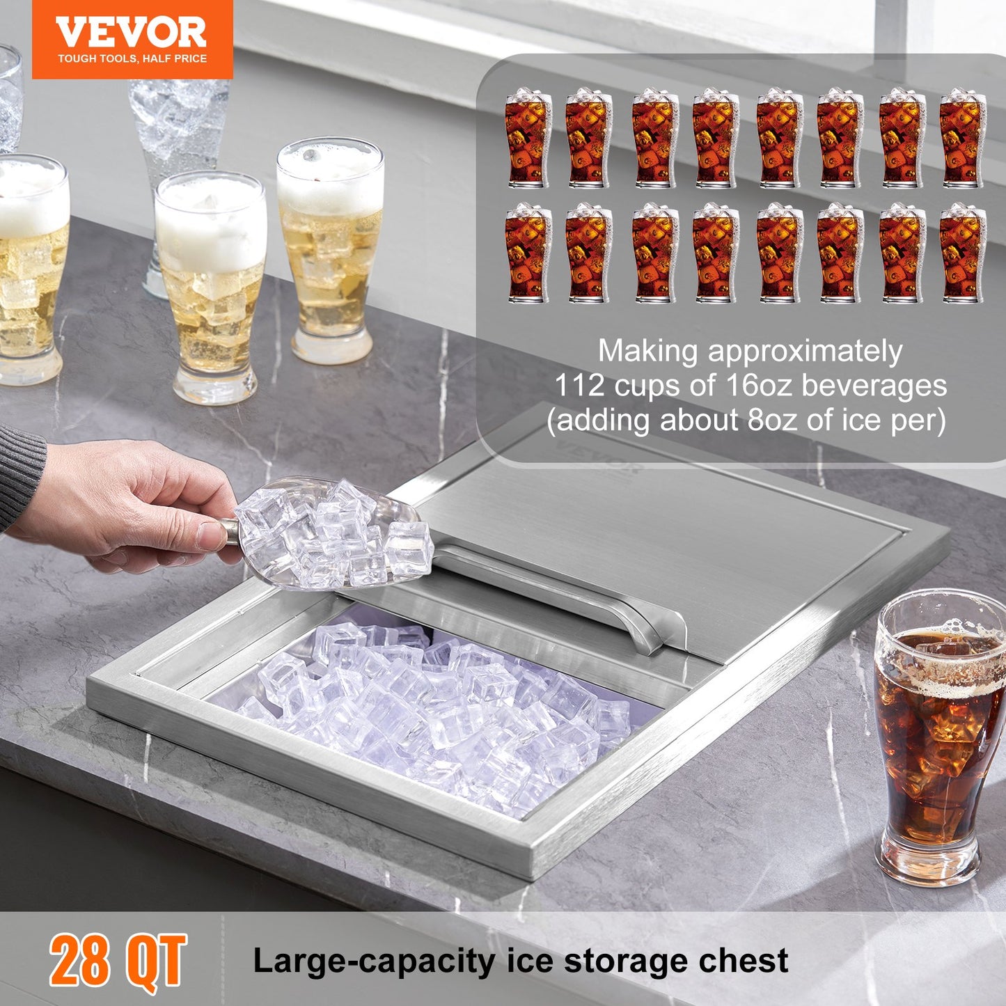 Drop in Ice Chest, 18"L x 12"B x 14,5"H iskylare i rostfritt stål, kommersiell isbehållare med skjutlock, 40,9 qt utomhuskök Ice Bar, avloppsrör och avloppsplugg ingår, för kall vinöl