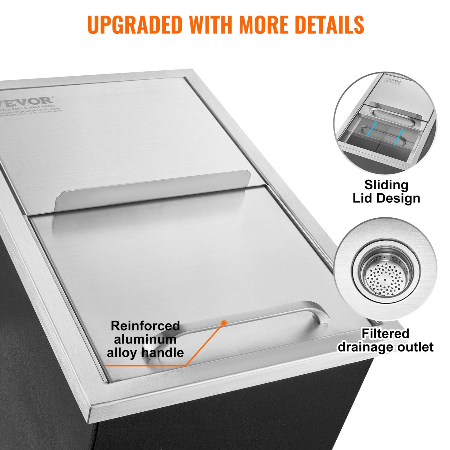 Drop in Ice Chest, 18"L x 12"B x 14,5"H iskylare i rostfritt stål, kommersiell isbehållare med skjutlock, 40,9 qt utomhuskök Ice Bar, avloppsrör och avloppsplugg ingår, för kall vinöl