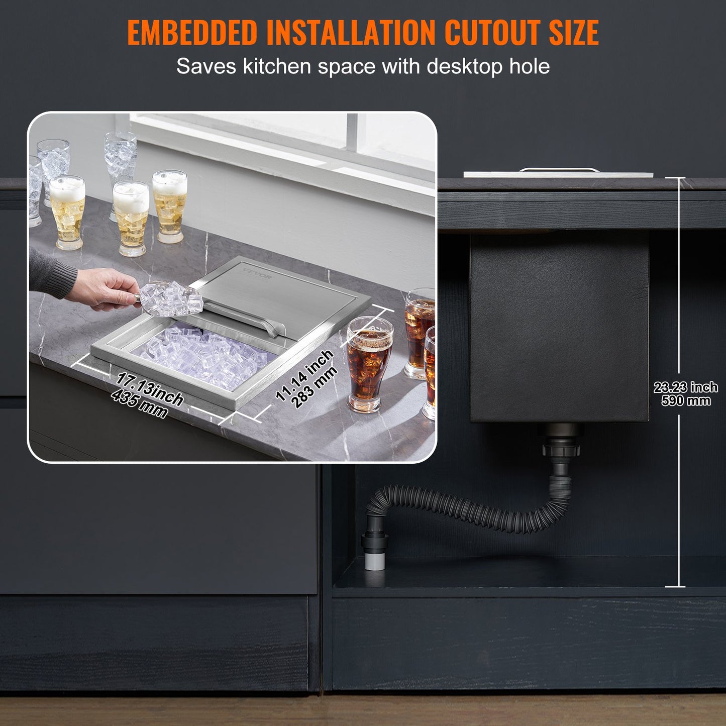 Drop in Ice Chest, 18"L x 12"B x 14,5"H iskylare i rostfritt stål, kommersiell isbehållare med skjutlock, 40,9 qt utomhuskök Ice Bar, avloppsrör och avloppsplugg ingår, för kall vinöl