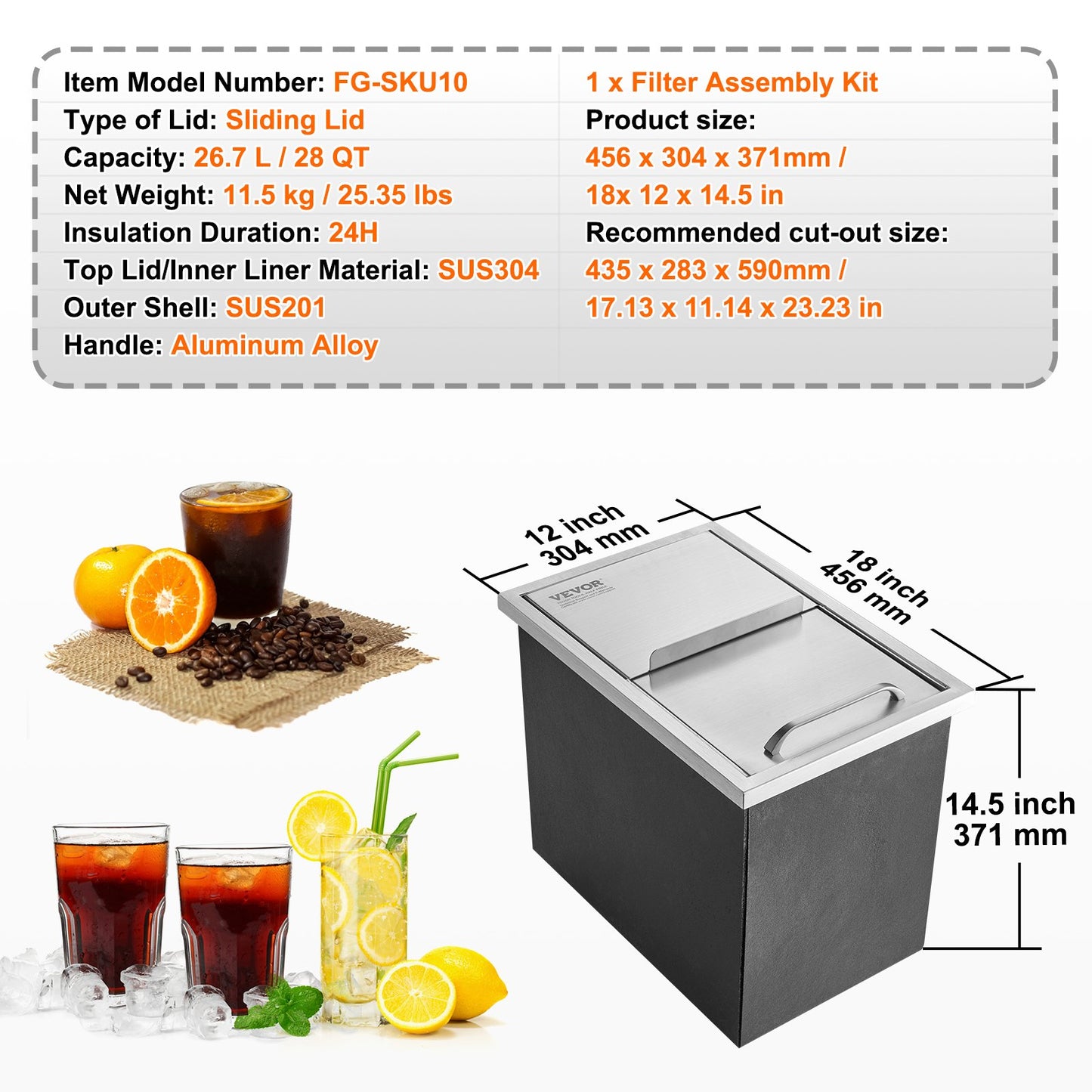 Drop in Ice Chest, 18"L x 12"B x 14,5"H iskylare i rostfritt stål, kommersiell isbehållare med skjutlock, 40,9 qt utomhuskök Ice Bar, avloppsrör och avloppsplugg ingår, för kall vinöl