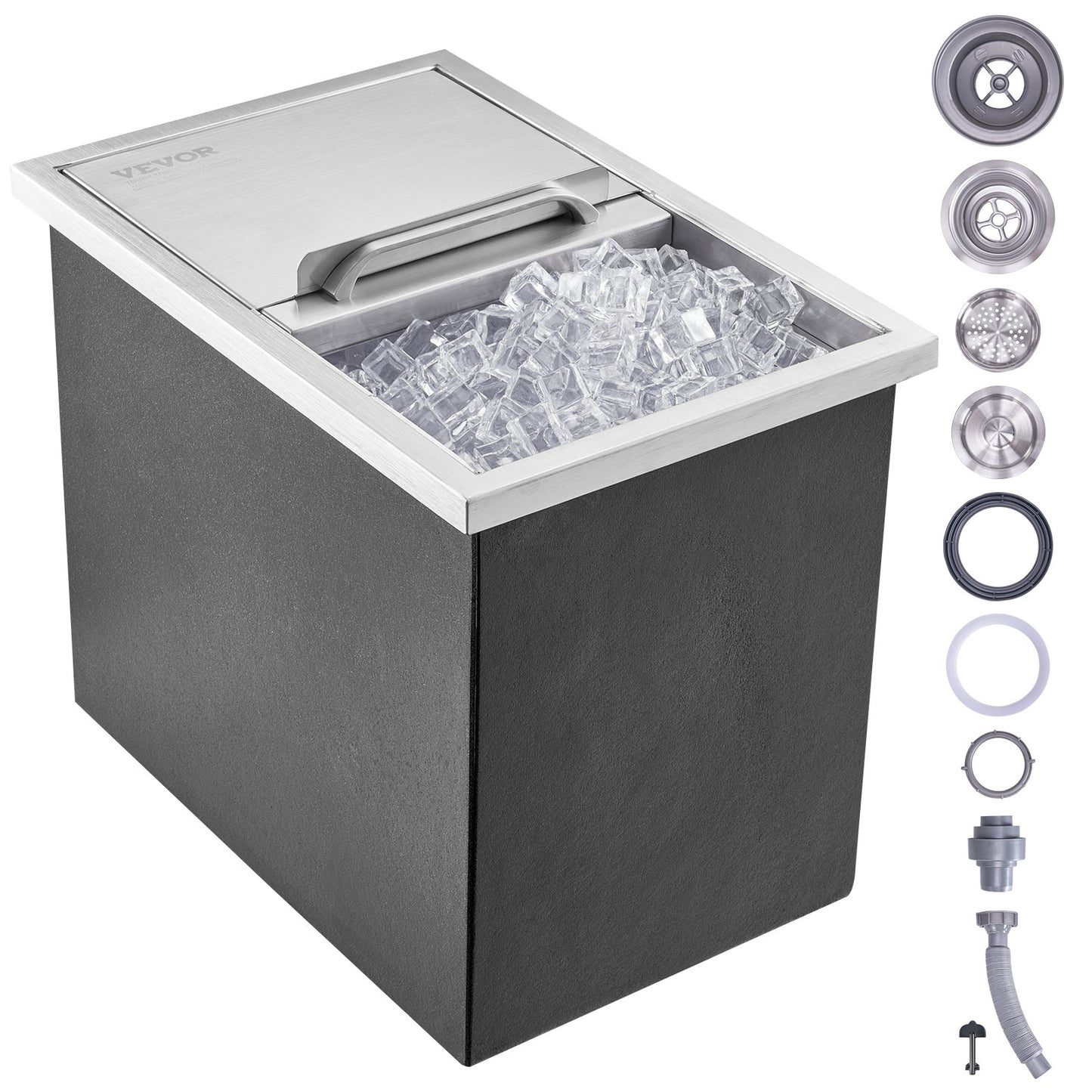 Drop in Ice Chest, 18"L x 12"B x 14,5"H iskylare i rostfritt stål, kommersiell isbehållare med skjutlock, 40,9 qt utomhuskök Ice Bar, avloppsrör och avloppsplugg ingår, för kall vinöl