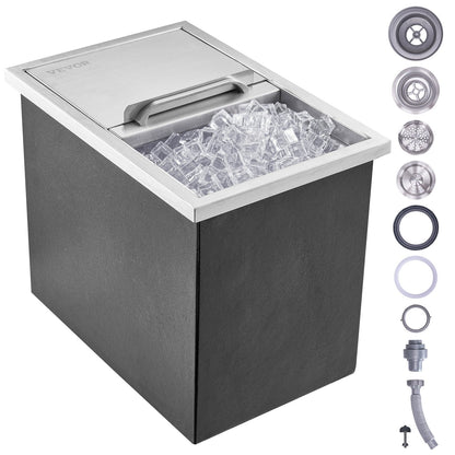 Drop in Ice Chest, 18"L x 12"B x 14,5"H iskylare i rostfritt stål, kommersiell isbehållare med skjutlock, 40,9 qt utomhuskök Ice Bar, avloppsrör och avloppsplugg ingår, för kall vinöl
