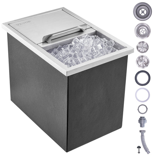 Drop in Ice Chest, 18"L x 12"B x 14,5"H iskylare i rostfritt stål, kommersiell isbehållare med skjutlock, 40,9 qt utomhuskök Ice Bar, avloppsrör och avloppsplugg ingår, för kall vinöl